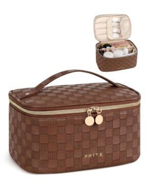 Vegan Leather Makeup Bag Travel Cosmetic Case Toiletry Organizer with Brush
